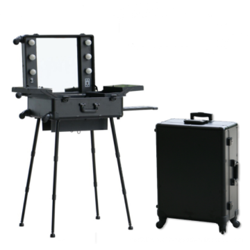 Hot Selling Black Color Women Professional Trolley Aluminum Rolling Makeup Case with Lights